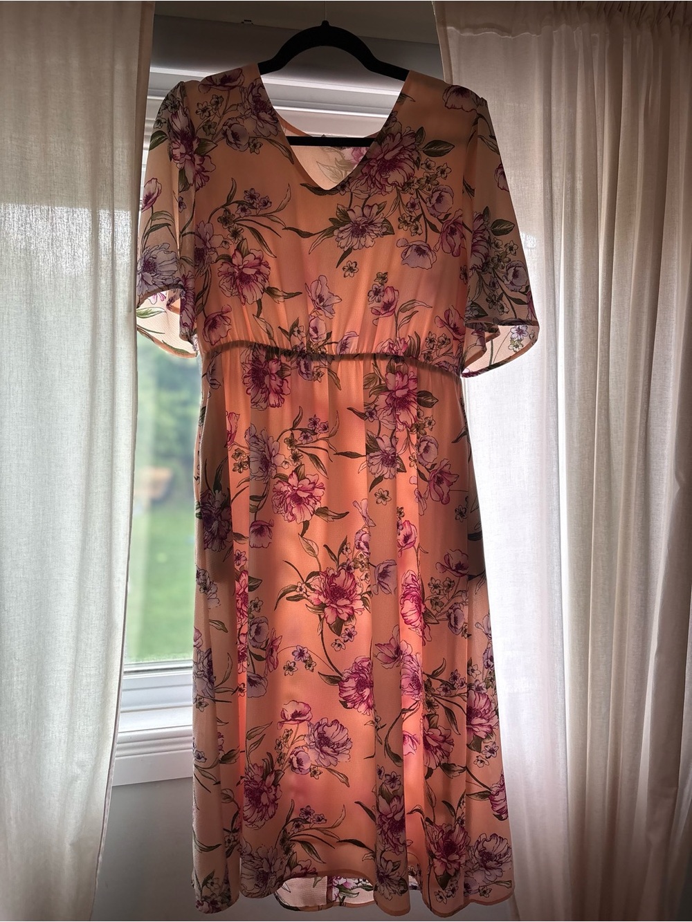 Wren and Ivory Midi dress- PinkFloral Midi Dress with V-Neck and Flutter Sleeves
